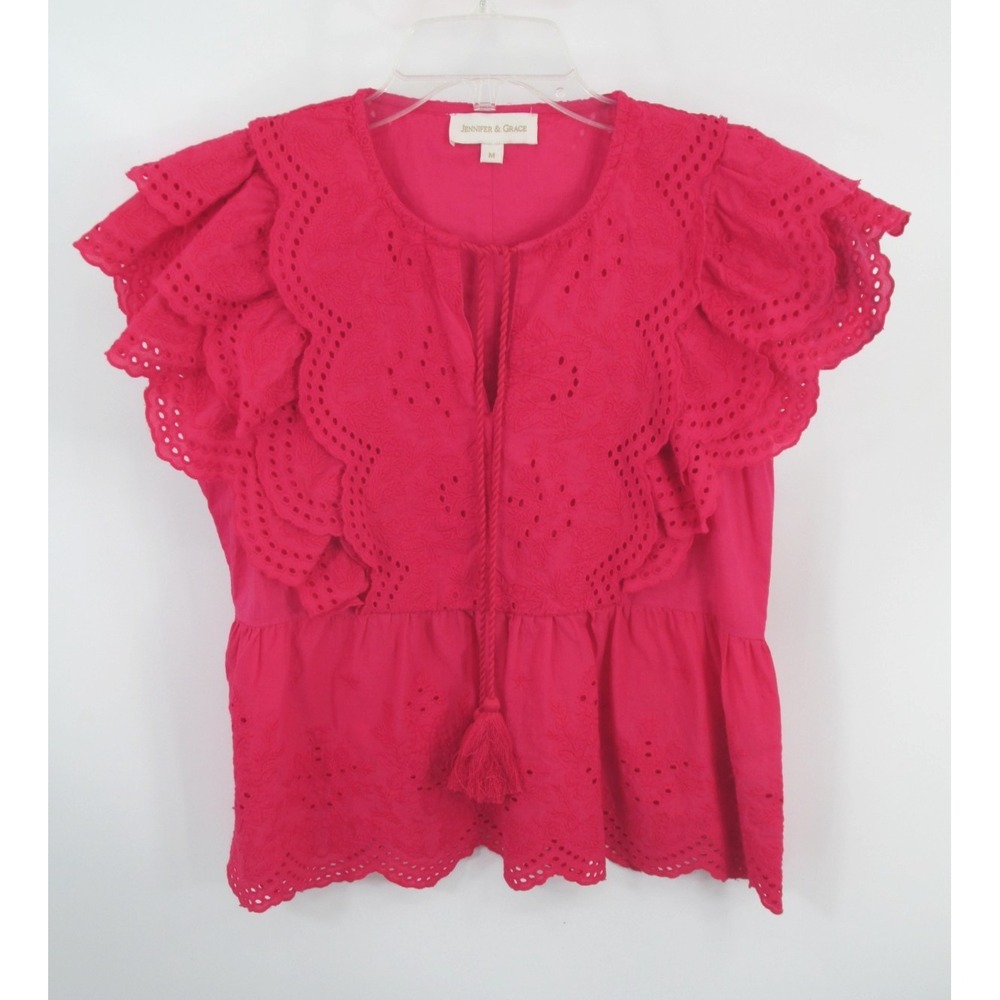 Jennifer & Grace Pink Peasant Peplum Blouse Cotton Eyelet Flutter Sleeve M